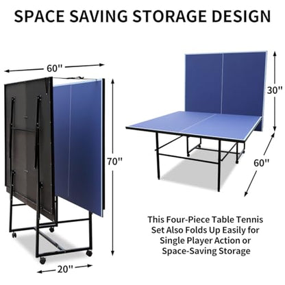 9FT Mid-Size Table Tennis Table Foldable & Portable Ping Pong Table Set for Indoor Games with Net, 2 Table Tennis Paddles and 3 Balls