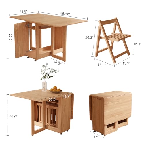 AnywaysWood Folding Dining Table with 2 Foldable Chairs Set, Space Saving Extendable Solid Wood Drop Leaf Table for Kitchen Dining Living Room Small Spaces Easy Assembly (55.12"×31.5"×30.1") - size: 1 table2 Chairs log wood