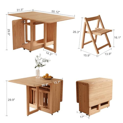 AnywaysWood Folding Dining Table with 2 Foldable Chairs Set, Space Saving Extendable Solid Wood Drop Leaf Table for Kitchen Dining Living Room Small Spaces Easy Assembly (55.12"×31.5"×30.1") - size: 1 table2 Chairs log wood