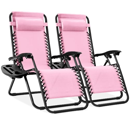 Best Choice Products Set of 2 Adjustable Steel Mesh Zero Gravity Lounge Chair Recliners w/Pillows and Cup Holder Trays - Bubblegum Pink/Black - color: Bubblegum Pink, size: Standard