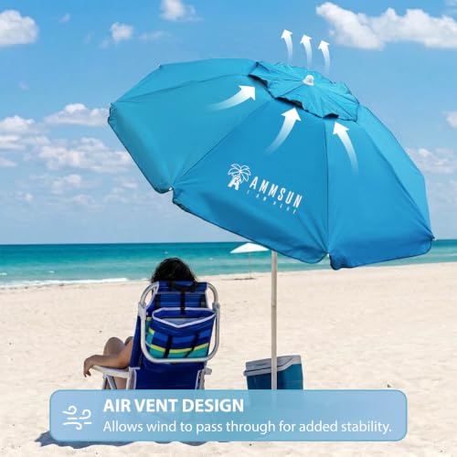 AMMSUN 6.5ft Twice Folded Portable beach umbrella with Sand Anchor Windproof Tilt Pole Air vent UPF 50+ Protection Fits in a large Suitcase Compact For Travel Patio Garden Pool Backyard Sky Blue - color: 6.5ft Light Blue