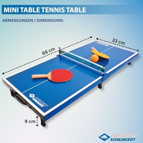 Donic-Schildkröt 838576 Mini Table Tennis Table Top Complete Set with 2 Bats and 1 Ball Foldable Plate – Briefcase Size – Blue Plate Dimensions 68 x 33 x 9 cm
