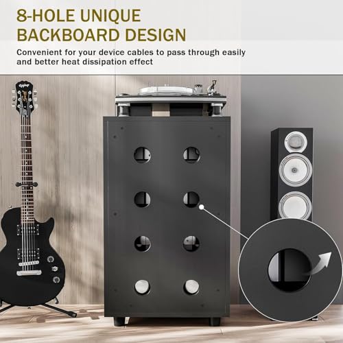 Media Storage Cabinet with Tempered Glass Door, 3 Adjustable Shelves Stereo Cabinet with Cable Management, AV Rack for Living Room/Gaming Setup/Home Studio Audio Rack (Black)