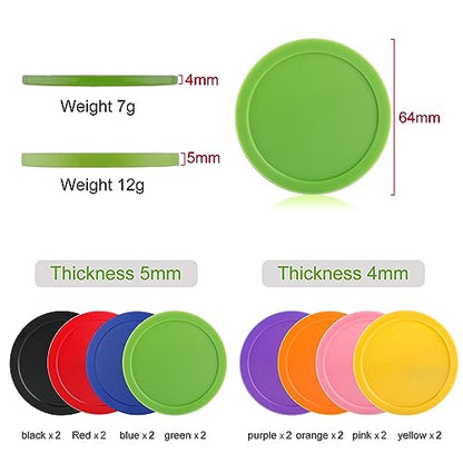 BQSPT 16 Pieces Air Hockey Pucks 2.5 Inch 64mm Replacement Pucks Air Hockey Tables Pucks for Game Tables Equipment Accessories(8 Thick 8 Thin) (red, Black, Blue, Green,Orange, Yellow, Purple, Pink)