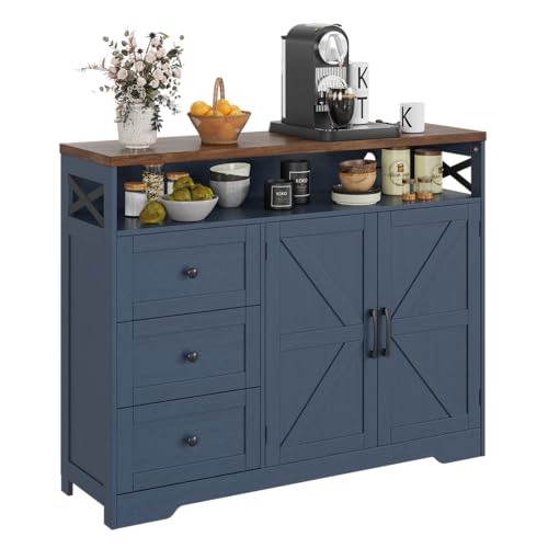 Befrases Farmhouse Buffet Cabinet with Drawers & Open Shelf, Sideboard with Storage, Kitchen Pantry Cabinet Hutch, Coffee Bar Station for Kitchen, Livingroom, 47" L Blue - color: Blue