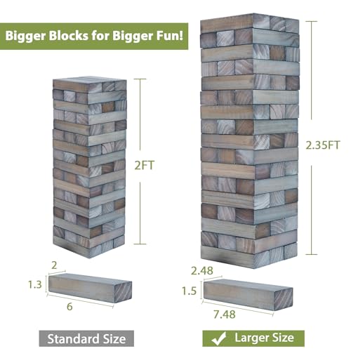 ApudArmis Giant Tumble Tower Stack to Over 5Ft, 56 PCS Pine Wooden Stacking Timber Game with 1 Dice Set - Classic Block Giant Outdoor Game (7.48 * 2.48 * 1.5 in Each Block, Gray) - color: Gray, size: XL-Over 5FT