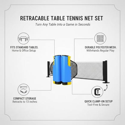 Retractable Table Tennis Net Set, Clamp-On Ping Pong Net for Standard Tables, Portable Polyester Mesh with Quick Setup - color: Blue