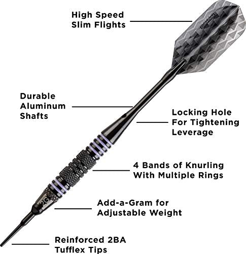 Viper by GLD Products Bobcat Adjustable Weight Soft Tip Darts with Storage/Travel Case - size: 16 Grams (Adjustable to 17 and 18 Grams), style: Black Coated Brass with Purple Rings