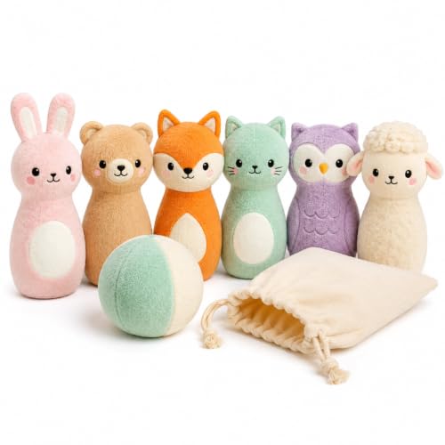 Juju Soft Bowling Set Six Animal Pins – Velour Bunny Bear Fox Cat Owl and Lamb with Weighted Bases – Soft Fabric Ball and Drawstring Storage Pouch – Indoor Active Set