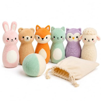 Juju Soft Bowling Set Six Animal Pins – Velour Bunny Bear Fox Cat Owl and Lamb with Weighted Bases – Soft Fabric Ball and Drawstring Storage Pouch – Indoor Active Set