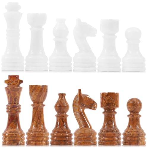 Marble Chess Pieces 3.5 Inch King Handmade White and Dark Brown 32 Chess Figures for Board Games, Suitable for Travel Games - color: White and Dark Brown