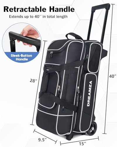 3 Ball Bowling Bags with Wheels & Shoe Pocket, Premium Bowling Ball Bag 3 Ball Roller, Effortless-Rolling 3 Ball Bowling Bag w/Multi-Storage Pockets & Telescopic Handle Extends to 40'' - color: Black