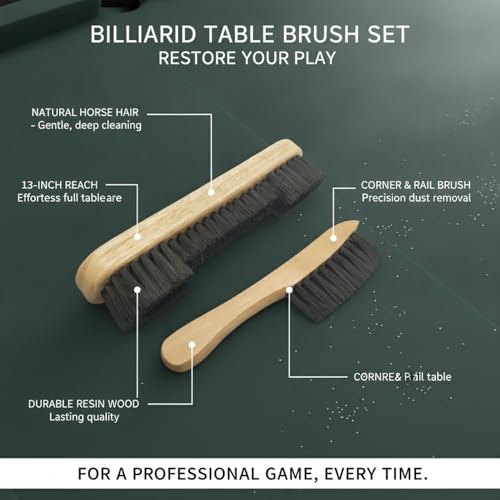 Billiard Table Brush Set with Horse Hair Bristles for Pool Table Cloth Care and Dust Removal