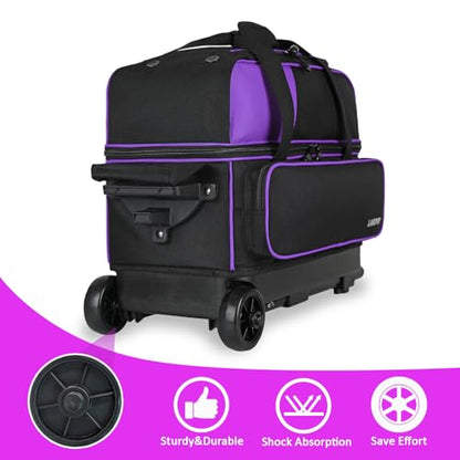 LARIPOP 2 Ball Bowling Roller Bag, Wheeled Bag with Shoe Compartment, Telescopic Handle & Padded Protection for Men Women - color: Purple