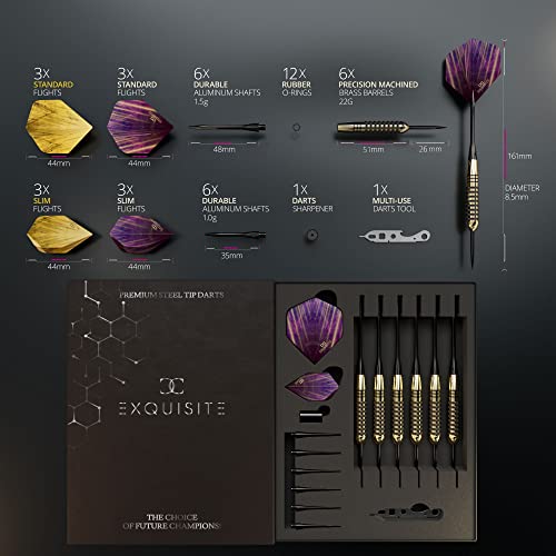 CC-Exquisite Premium Steel Tip Darts Set - Professional Darts, Brass Barrels, Metal Tip Darts, Extra Flights, (12) Aluminum Shafts 35/48, O-Rings, Dart Tool, Dart Sharpener, Darts Case