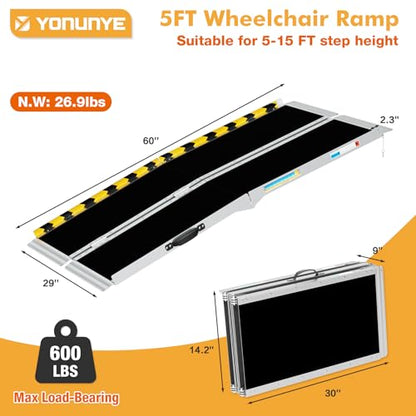 5ft Wheelchair Ramps for Home Steps, Non-Slip Aluminum Threshold Ramp, Foldable Handica Ramp for Wheelchairs in Home, Entry, Shed, Doorway, Curb, Stairs - size: 5FT Using Height 5"-15"