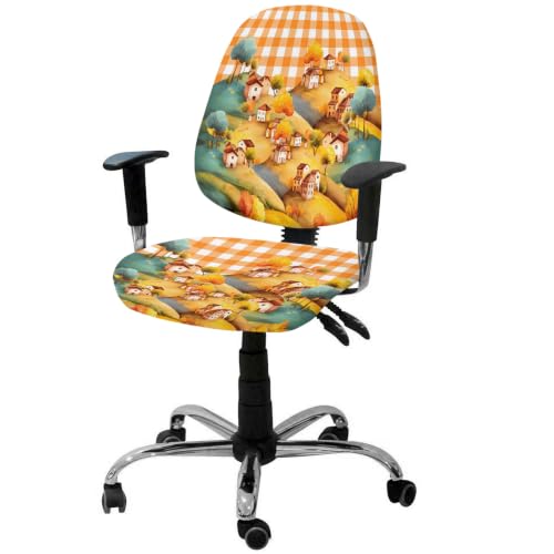 Savannan Office Chair Cover, Watercolor Autumn Farm House Protective Stretch Elastic Universal Cover for Desk Task Chair,Computer Rotating Chair 1 Pcs Thanksgiving Orange Plaid