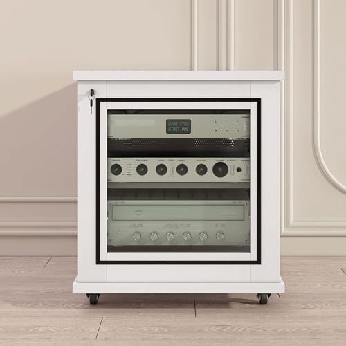 Wooden Corner Shelf Cabinet – Adjustable Media Storage with Doors, Ideal for Living Room, Gaming, Recording Room – Stylish Audio Rack for Space Management - color: White