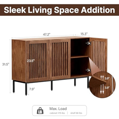 BVIUNTWO Modern Storage Cabinet with Slatted Doors,Sideboard Buffet Cabinet with Adjustable Shelf and Metal Legs for Kitchen,Dining Room,Living Room,47 Inch, Brown - size: 47 Inch