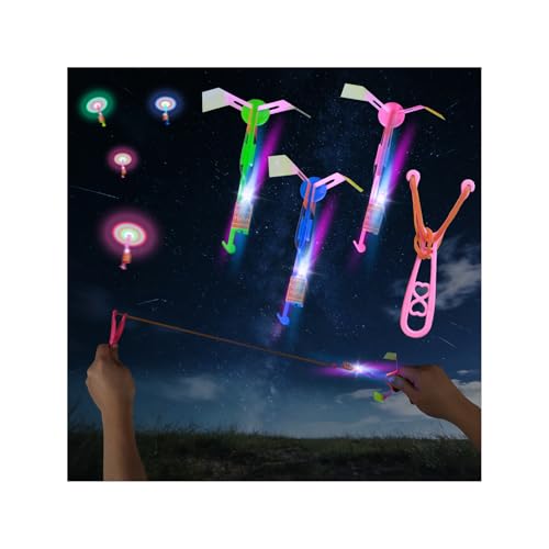 SCIONE 24 Sets LED Flying Set, 24 Slingshot+24 Glow Helicopter-48 Pcs, Flying Toy Outdoor Toys Glow in The Dark Party Supplies Party Favors for Kids 8-12,4-8