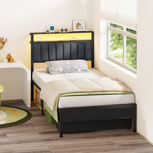Furnulem Twin Bed Frames with Charging Station and LED Lights, Grey Upholstered Headboard with Shelves, Metal Platform Bed with 2 Under-Bed Storage (Fabric Drawer on Wheels), No Box Spring Needed - size: Twin
