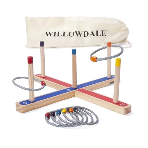 WILLOWDALE Wood Ring Toss Game for Kids, Outdoor Yard Games with 5 Rope Rings, Backyard Fun Ring Toss Rings, Wooden Outdoor Games for Adults and Family, Indoor Games for Kids (Red & Blue)