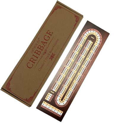 Cribbage Board Game Set, Premium Wooden Board with Magnetic Lock and Built-in Storage, 2 Playing Cards & 9 Metal Pegs, 3 Track Board for 2–3 Player, Travel Portable Game for Adults and Family - size: Classic