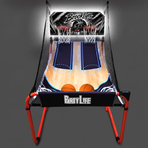 PartyLife 2-Player Basketball Arcade Game w/Optional LED Lights | Electronic Scoring | 5 Balls, 1 Pump, 8 Games | Folding Design | Heavy-Duty Steel Frame - Choose Your Model - color: BROOKLYN, style: w/ LED Lights