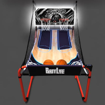 PartyLife 2-Player Basketball Arcade Game w/Optional LED Lights | Electronic Scoring | 5 Balls, 1 Pump, 8 Games | Folding Design | Heavy-Duty Steel Frame - Choose Your Model - color: BROOKLYN, style: w/ LED Lights