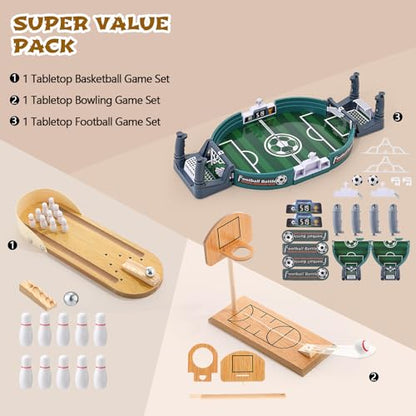 Soulchen Sports Table Top Game Set Mini Tabletop Wooden Bowling, Wooden Basketball, Plastic Soccer Set Office Desk Toy Decor Gag Fun Soccer Football Competition Party Favors Gifts