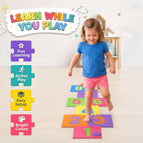 Hopscotch Playmat Foam Interlocking Puzzle Floor Mat - 10 Large Number Tiles (12" by 12" Square Blocks)