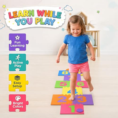 Hopscotch Playmat Foam Interlocking Puzzle Floor Mat - 10 Large Number Tiles (12" by 12" Square Blocks)