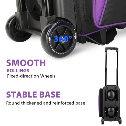 Goloni 3 Ball Bowling Bag with Wheels, 2+1 Double Roller Bowling Bag with Shoe Compartment,Tote Bag for Bowling Accessories - color: 2 Ball-Purple