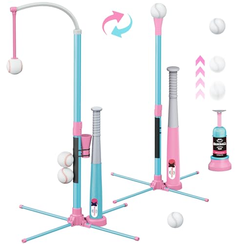 3-in-1 T Ball Set for Kids, Adjustable Height Hanging Baseball Batting Tee Set with 2 Bats, Teeball Hitting Stand, Ball Launcher for Toddlers, Sport Toys Outdoor/Indoor for Boys Girls - color: Pink