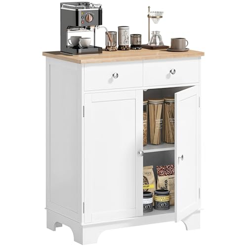 HOMCOM Sideboard Buffet Cabinet with Solid Wood Countertop, Modern Kitchen Storage Cabinet, Coffee Bar Cabinet with 2 Drawers, Doors and Adjustable Shelf, White - color: White, size: 26.75" x 15.75" x 33.5"
