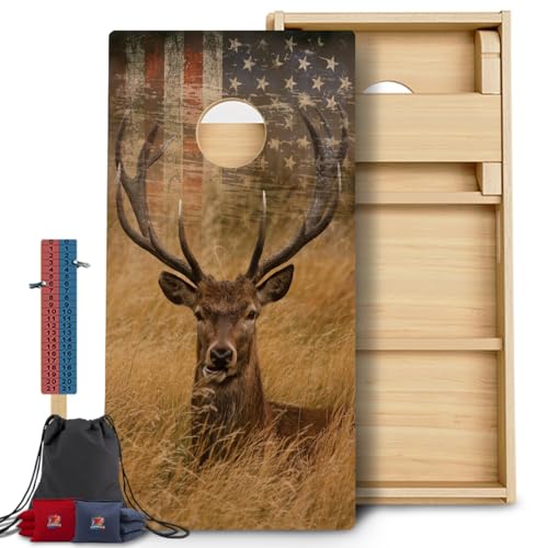 CornholeGamesUSA Pro Cornhole Boards Set | Made in USA | 3/4 Baltic Birch | No Bounce | Triple Thick Legs | Two Brace & Handles, Tournament 2x4 Regulation Set with Score Tower & Cornhole Bags - color: Deer