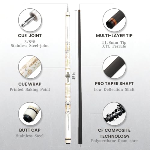 Cuefessnuance 58" Carbon Fiber Pool Cue, Low Deflection | Gothic pattern design, black, 100% carbon fiber shaft, pro taper, 11.8mm pigskin tip, 3/8-8 stainless steel joint - color: White
