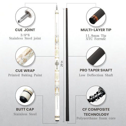 Cuefessnuance 58" Carbon Fiber Pool Cue, Low Deflection | Gothic pattern design, black, 100% carbon fiber shaft, pro taper, 11.8mm pigskin tip, 3/8-8 stainless steel joint - color: White