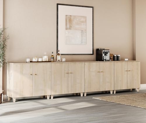 WAMPAT Sideboards Buffet Cabinets, 141.6" Extra Wide Wood Kitchen Credenza with 8 Doors, 4-in-1 Modern Rustic Long Buffet Server Table with 12 Compartments for Living Room, Dining Room, Light Oak - color: Light Oak, size: 141.6" W