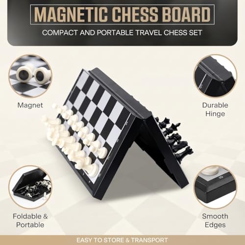 Magnetic Chess Set, 9.5” Foldable Board with Storage, Staunton Pieces, 2 Extra Queens, Travel Chess Game for Kids and Adults