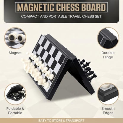 Magnetic Chess Set, 9.5” Foldable Board with Storage, Staunton Pieces, 2 Extra Queens, Travel Chess Game for Kids and Adults