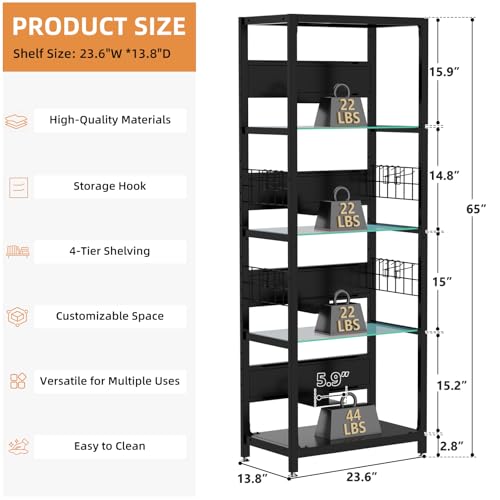 4-Tier Glass Display Shelf for Collectibles, Display Case with LED Lights and Open Glass Storage Shelf, Lighted Tall Narrow Shelf, Metal Curio Cabinet with Hooks for Gaming Room, Living Room, Bedroom - size: 65 x 23.6 x 13.8 in -4-Tier
