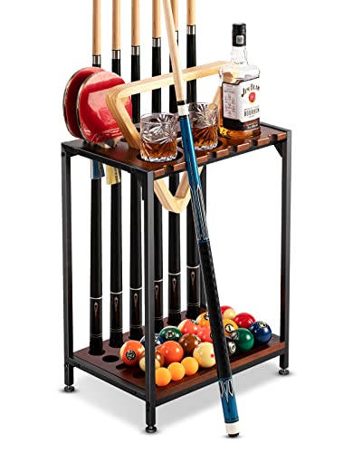 EXTCCT Billiards Pool Stick Holder - Pool Cue Rack Floor Stand & Ping Pong Paddle Holder Hardwood Pool Cue Holder for 12 Cues Sticks Pool Table Accessories Organizer (Brown) - color: Brown