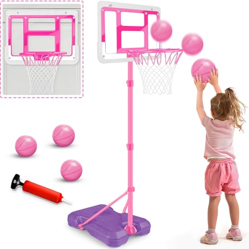 Kids Basketball Hoop with Stand, Adjustable Basketball Set, Toddler Basketball Toys for Boys Age 3 4 5 6 7 8, Indoor Outdoor Backyard Sport Game Gifts Pink - style: Pink Basketball Hoop