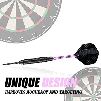 Darts Metal Tip Set - 3 Pack Professional 22 Grams Steel Tip Darts with Slim Case Black Purple Blue Aluminum Shafts 9 Flights 50 Rubber O'Rings 1 Dart Sharpener 12 Spring Rings - color: 22 Grams - purple