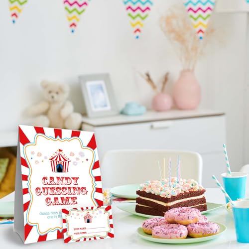 Carnival Guess How Many Baby Shower Game, Circus Theme Party Decorations, Carnival Birthday Party Decorations, Guess How Many Candies, Birthday Party Game & Activities 50 Cards and Sign - size: circus