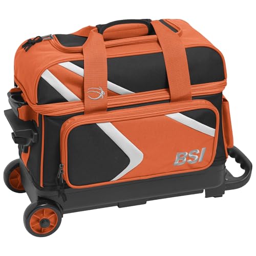 BSI Dash Roller Bowling Bag with Smooth Rolling Wheels, Padded Ball Compartment, Retractable Locking Handle, & Shoe Pocket - color: Black/Orange/White, style: Double