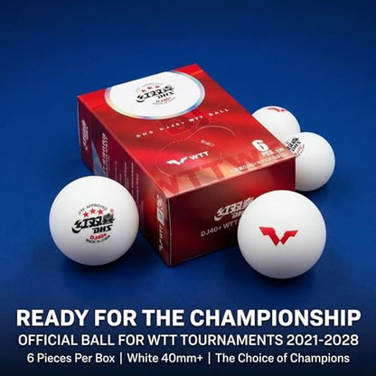 DHS Sports DJ40 WTT 3 Star Table Tennis Ball - Official WTT Ball, ITTF Approved, Premium ABS, Seamed 40mm+ Ball, 6 Balls Pack