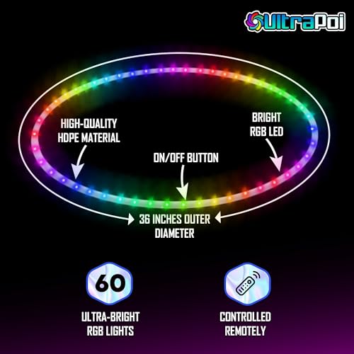 UltraHoop Remote LED Hoop - Wireless Control 60 Color Changing LED Lights w/ 300+ Modes & Patterns - Rechargeable Battery, HDPE Collapsible, Advanced to Beginner Hula Hoops - 36” x 3/4" OD - UltraPoi - size: 36" x 3/4" OD (Intermediate)