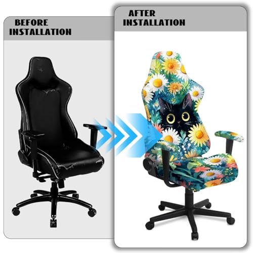 Suobstales Cat Daisy Flower Pattern Gaming Chair Cover, Removable Office Chair Cover with Zipper, Stretch Anti-dust Universal Washable High Back Computer Seat Protector for Pets - color: Cat Daisy Flower
